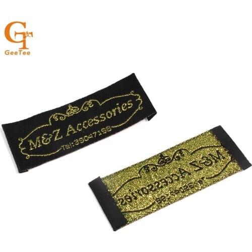 Woven clothing labels for clothes, bags/women dress/toys scarfs brand name labels,black background with gold logo,straight cut