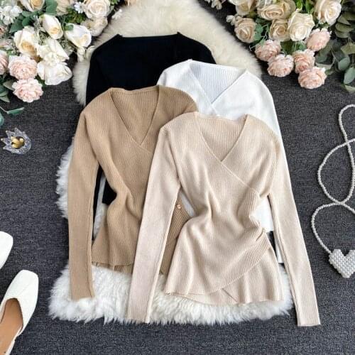 Autumn Women Knitted Wrap Tops Fashion V-neck Long Sleeve Pullovers Office Lady Side Button Streetwear Slim Sweater Tops