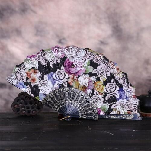 Flower Fans Vintage Best Chinese Style Dance Wedding Party Lace Silk Folding Hand Held Fan Rose Bronzing eventail mariage