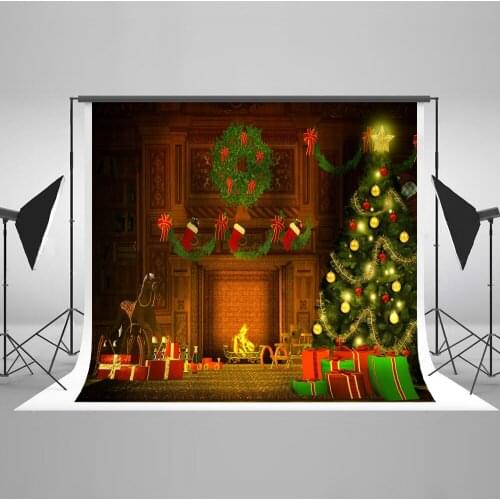 VinylBDS Warmth Indoor Photography Backdrop Christmas Fireplace Christmas Trees Box Sock Photobooth Background Washable Backdrop