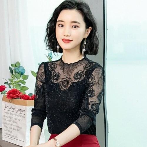 Women New 2021 Autumn Winter Hollow Out Lace Blouses Shirts Female Casual Long Sleeve Patchwork Spliced Casual Blusas Tops X248