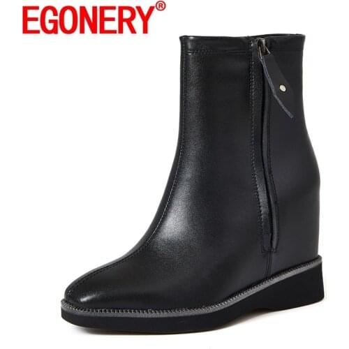 EGONERY Women winter New Style Leisure ankle boots Good Qualtiy cow leather Concise Mature Solid color Comfortable Round Toe