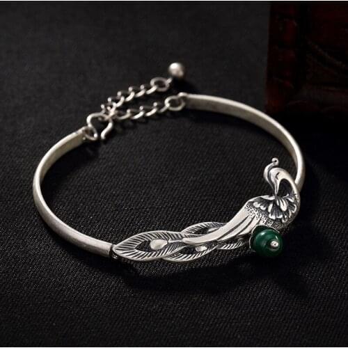 990 Sterling Silver color Jewelry Ethnic Peacock Bangles Women Vintage Vulcanized Thai Silver Bangle Malachite Bead Charms Gifts