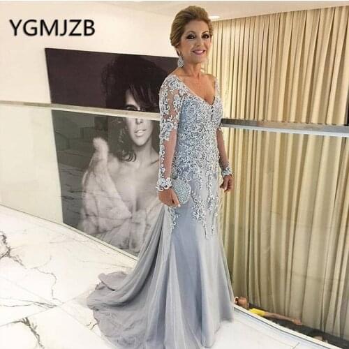Elegant Lace Prom Dresses 2019 Mermaid V Neck Illusion Long Sleeve Appliques Evening Dresses Women Formal Dress Party Gown