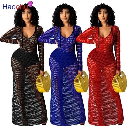 HAOOHU Women Dress Solid Mesh Out See-through Full Sleeve Floor-length Dresses Sexy Night Club Dress Summer 2021
