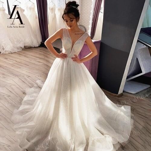 Wedding Dress Beaded A-Line Stunning V-neck Lace Up Bridal Gown Princess Court Train LelaAcra LI21 Customized Vestido De Novia