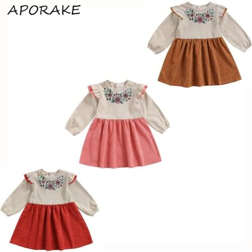 2021 1-6Y Spring Fall Kids Girls Corduroy Dress Ruffle Shoulder Floral Print Long Sleeve Patch A-line Dress Causal Clothes