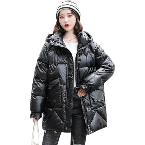 Women Winter Hooded Big Pocket Glossy Midi Coat Puffer Jacket Cotton Padded Parkas Outwear Overcoat