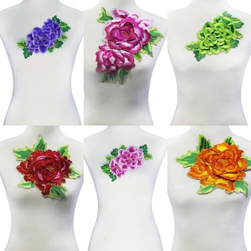 2pc 3D Peony Floral Iron on Applique Patches Lace Embroidery Sticker Lace Motifs Embossed Clothes Craft Sewing Supplies T2112