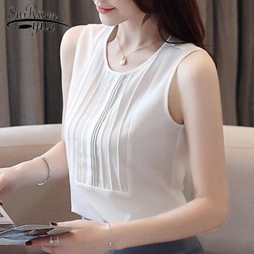 2021 Summer New Solid Color Round Neck Short Sleeve Chiffon Shirt Female Vest Simple White Blouse Women Sleeveless Tops 8984 50