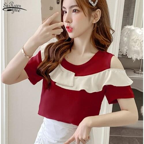 Blusas Summer Short Sleeve Solid Chiffon Blouse O-neck Shirts Women Off-Shoulder Ruffle Splice Top 2021 New Lady Clothing 10217