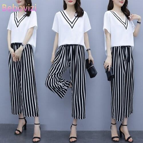 Black White Plus Size 3XL 4XL 5XL Women Matching Pant Sets Summer Office Lady Suit Loose High Waist Wide Leg Pants + Blouse Tops