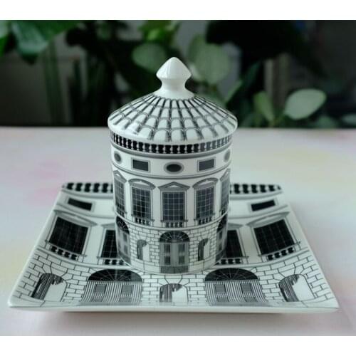 Retro Neuschwanstein Castle House Decorative Candle Holder Plate White Black Geometric Lines Home Decor