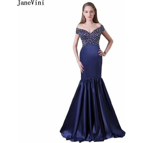 JaneVini 2018 Sexy Mermaid Satin Plus Size Long Bridesmaid Dresses Deep V Neck Crystal Beads Women Formal Prom Gowns Sweep Train