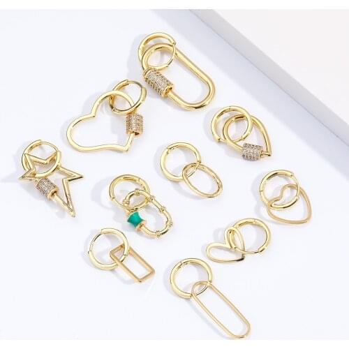 Bezel Minimalist Hoop Earrings for Women Heart Round Square Geometric Drop Earrings with Dangle Pendant Copper New Fashion