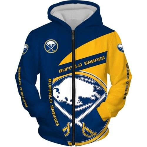 Buffalo mens fashion Long sleeve 3D Sabres Zip Hoodies Blue and yellow stitching geometric weapon print Sweatshirt