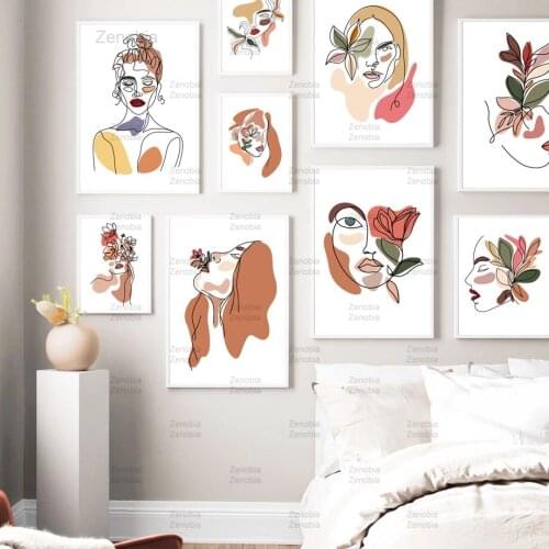 Wall Art Canvas Painting Flower Girl Abstract Line Face Nordic Posters and Prints Pictures for Living Room Salon Home Decoration