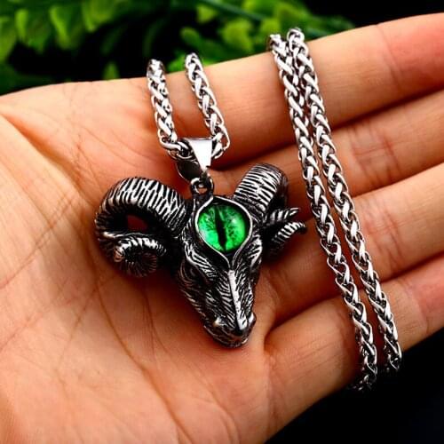 Exaggerated Green Eye Personality Sheep Head Titanium Steel Pendant Necklace Goat Mens Pendant Gothic Punk Party Jewelry