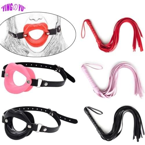 Sexy Women Red Lips Open Mouth Gag Ball Leather Whips Bdsm Bondage Slave Erotic Accessories Set Sex Toys For Couples Adult Games