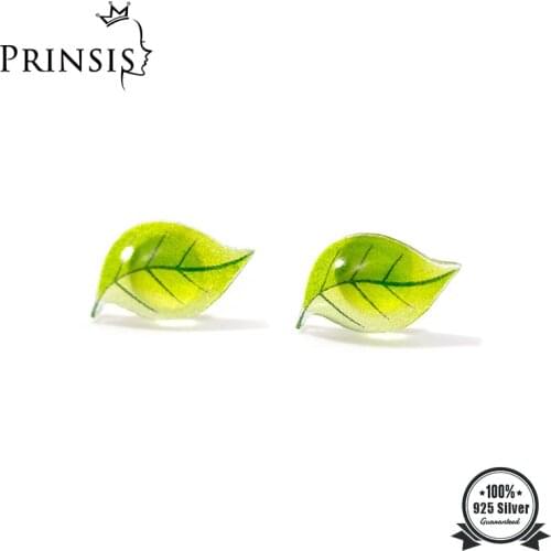PrinSis 100% 925 Sterling Silver Sweet Green Leaves Leaf Stud Earring For Women Girl Friend Kid Silver 925 Jewelry ED438