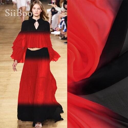 Hand-painting black red gradient 100% pure silk chiffon fabric for women spring summer evening dress tissus au mètre tela SP6033