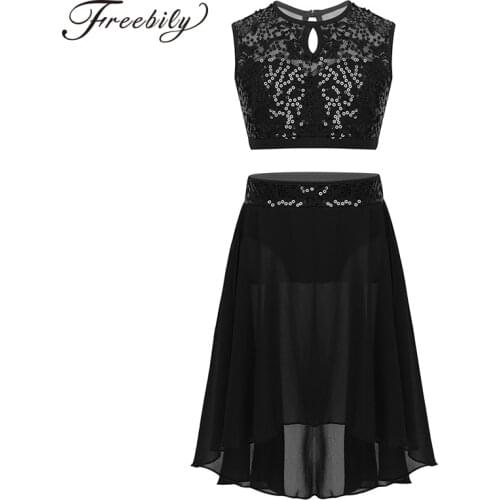 Girls Sequined Ballet Tutu Dance Wear Kids Crop Top Chiffon Skirt Set for Celebration of Spirit Praise Lyrical Dance Costumes