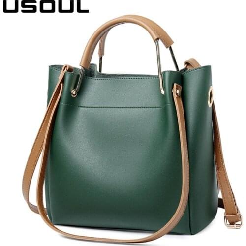 USOUL New Vintage Solid Women Bag Large Capacity PU Leather Handbag Female Temperament Shopper Totes Elegant Shoulder Bags Green