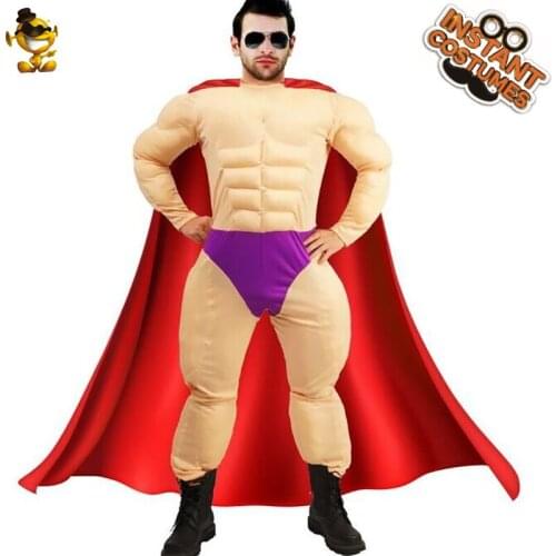 Strong Muscle Suit Cosplay Halloween Costumes Mens Muscle Jumpsuit with Red Cape for Adult Carnival Party Fancy Dress Up