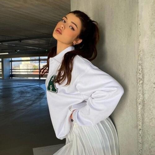 White K Letter Embroidery Anime Hoodie Oversized Winter Autumn Vintage Y2K Sweatshirt Women Long Sleeve Elegant Polo Pullovers