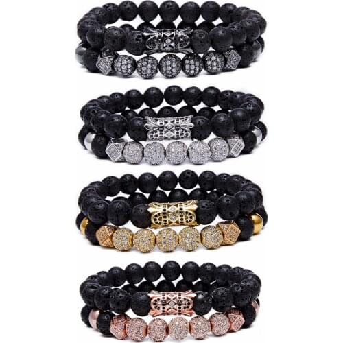 ASHMITA 2PCS Black Prayer Beads Bracelet for Men Women CZ Rhinestone Crystal King Crown Couple Set Bracelets Bangle Gift Box