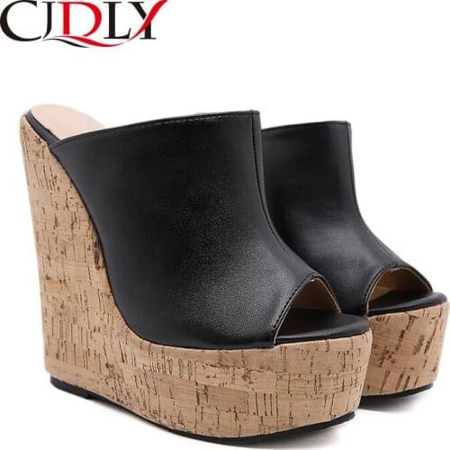 CJDLY 16cm Platform Wedges Womens Shoes Thick Heel Open Peep Toe Sandals Leather Summer Style Slide Wood grain Women Sandals