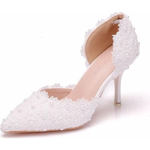 Women sandals wedding Party Lace PU Rhinestones Slip On 7.5CM Thin High heels Pointed Toe sandal women shoes 2020 size 35-42