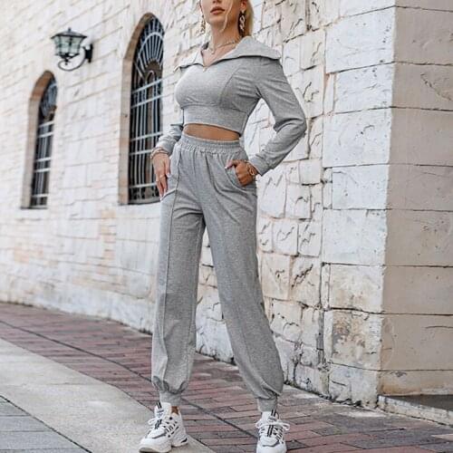 Za Tank Top Gray Women Tracksuits Autumn Sportwear Wrap Casual Two Piece Sets Solid Sexy Open Chest Hoodie Sweatshirt 2021