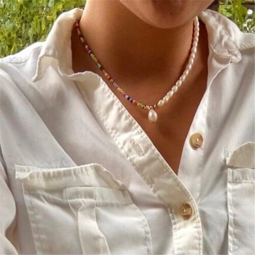 Mix Beaded Pearl Necklace Multicolor Half Seed Bead and Half FAUX Pearl Choker Pendant Pearl BOHO Style Womens Girl 18in JK39FU