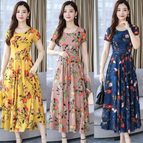 2021 Middle Age Women Summer New Korean Elegant Dress Female Chic O-neck Print Floral High Waist Ladies Chiffon Vestidos B193