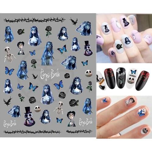 1pc Halloween Zombie Bride Nail Stickers Skull Snake Rose 3D Anime Sliders Water Tattoo Nail Decor Manicure Design