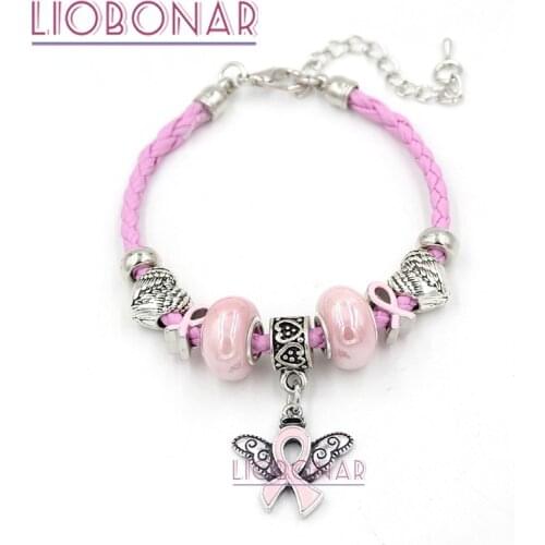 1PC New Arrival Breast Cancer Awareness Jewelry Pink Leather Pink Ribbon Angel Wings Bracelets Gift for Cancer Center Foundation