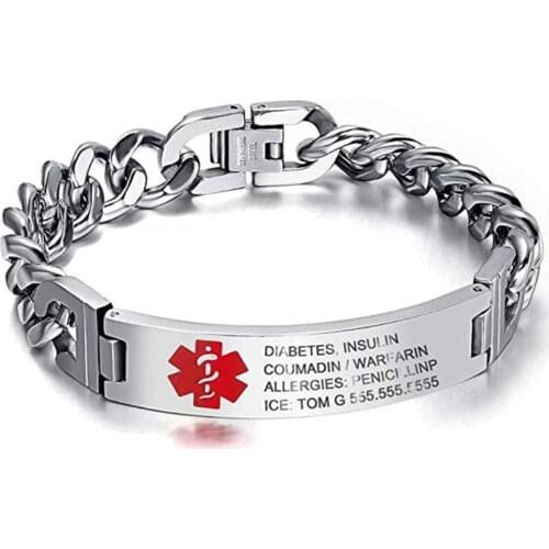 Medical Alert ID Stainless Steel Bracelet DIABETES EPILEPSY ALZHEIMERS ALLERGY SOS Jewelry Free Engraving