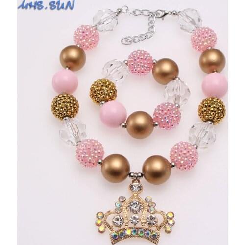 MHS.SUN Fashion Baby Kids Chunky Bubblegum Necklace With Rhinestone Crown Pendant Cute Girls Necklace Bracelet Jewelry Gift