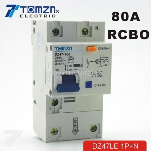 DZ47LE 1P+N 80A D type 230V/400V~ 50HZ/60HZ Residual current Circuit breaker with over current and Leakage protection RCBO