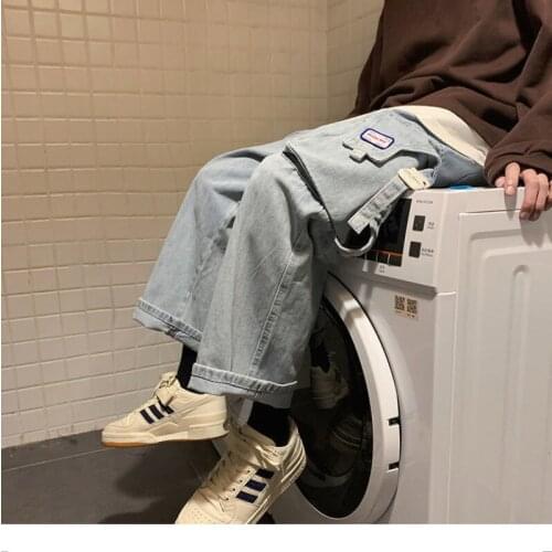 Jeans Man Loose Denim Pants Mens Straight Autumn Wide Legs Casual 2021 Korean Hip Hop Large Trousers