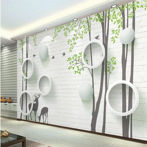 Beibehang Custom Photo Wallpaper Stick 3d Modern Simple Brick Wall Elk Circle Abstract Tree Flying Bird Background Wall