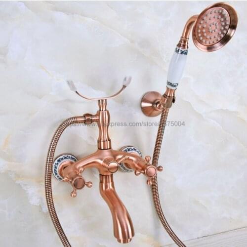 Wall Mounted Bathtub Faucets Antique Red Copper Bathroom Tub Faucet W/Hand Shower Sprayer Clawfoot Mixer Tap Nna373