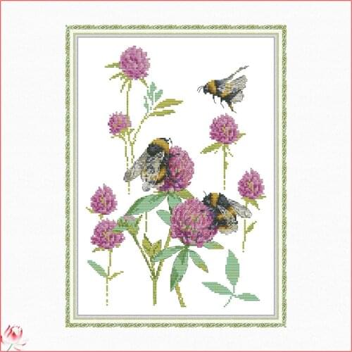 Bees And Flowers Pattern Cross Stitch Scenery Embroidery Kit 11CT 14CT Count Printed Fabric Needlework Full Set DIY Sewing Gift