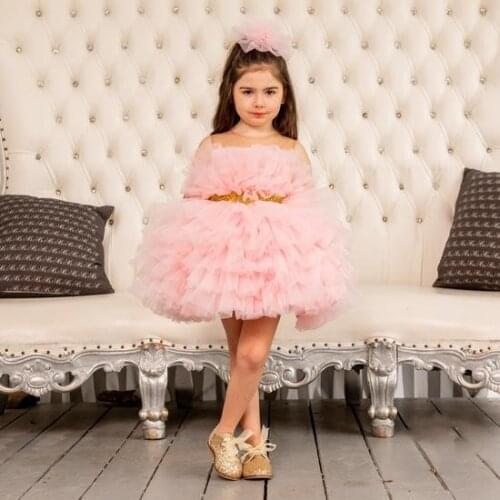 Custom High Quality Pink Baby Girls Dresses Knee Length Layered Tulle Sheer Neck Mom and Daughter Matching Dress for Special