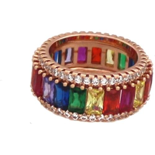 Rainbow Prom Jewelry Claw Setting Pave Rectangle Zircon Rose Gold Color 9mm Engagement Ring for Women