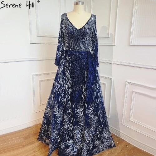 Serene Hill Muslim Arabia Mermaid Blue Luxury Evening Gowns 2020 Dubai Long Sleeves Beading Crystal Formal Dress LA70769