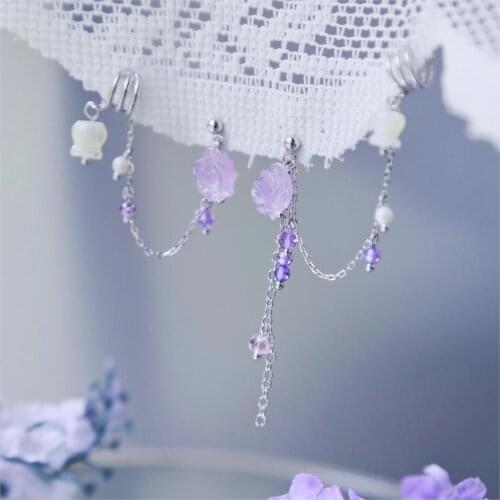 Lily of the valley purple around the ear of the ear stud ear bones one ear clip fairy design Sen Department girl super fairy