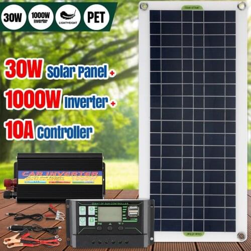 220V Solar Power System 30W Solar Panel Battery Charger 220/1000W Inverter USB Kit Complete Controller Home Grid Camp Phone PAD