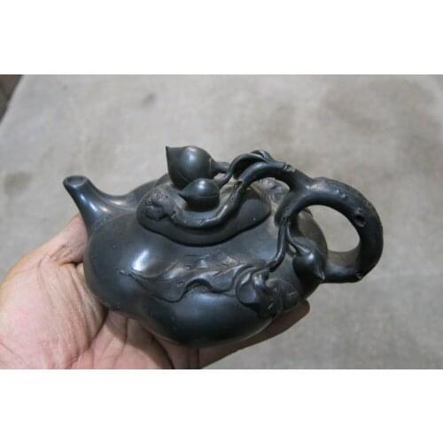 Old Chinese Handcraft Enameled YiXing Purple Clay (yellow stoneware) Teapot ,Peaches,with mark,Free shipping